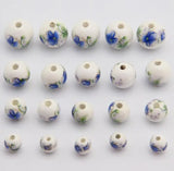 50 pcs Porcelain Beads, DIY Ceramic Loose Beads, Flower Pattern, Round Shape