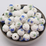 50 pcs Porcelain Beads, DIY Ceramic Loose Beads, Flower Pattern, Round Shape