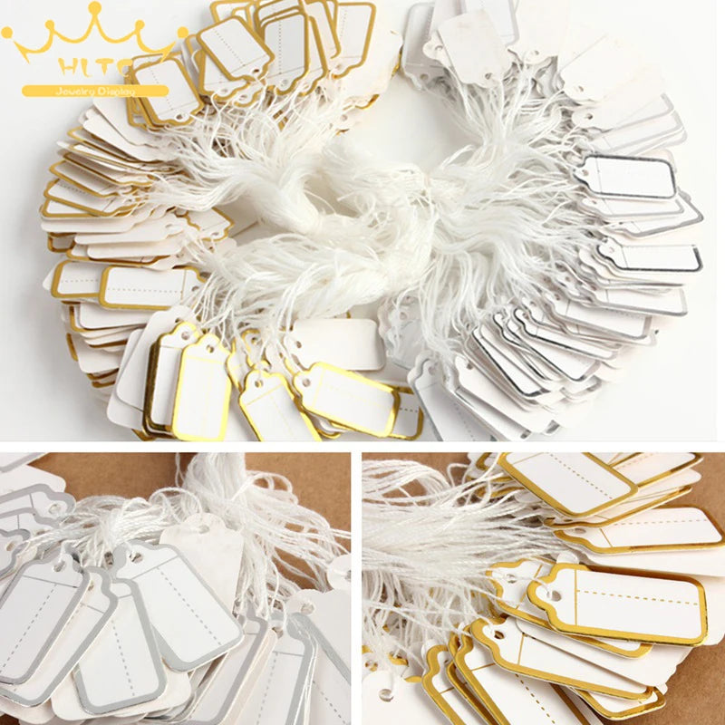 500 Pcs Jewelry Strung Pricing Tags with String Silver Merchandise Cloth Label