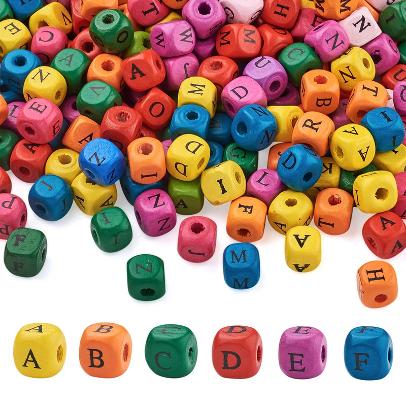 500pcs 10mm Wood Beads Colorful Alphabet Cube for DIY Jewelry Making