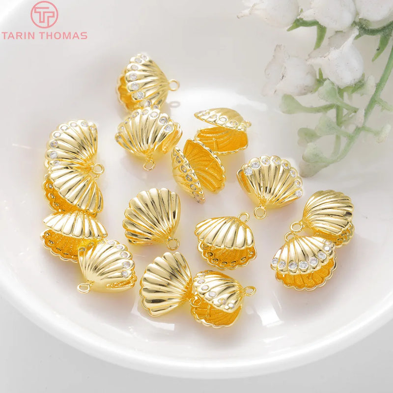 4PCS 13x12MM 24K Brass Zircon Shell Charms Pendants Jewelry Making DIY