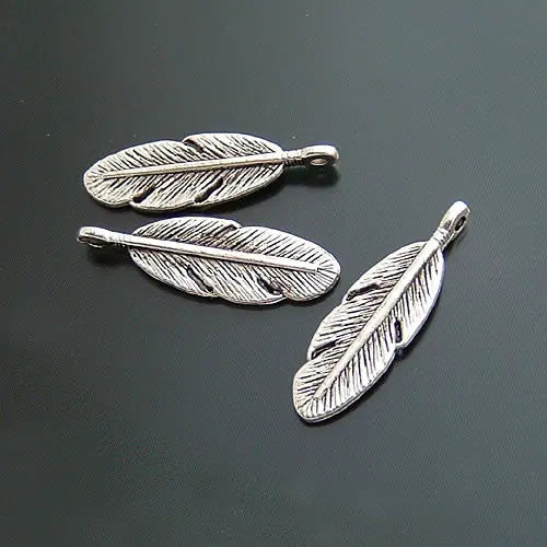 50PCS Antique Silver Feather Charms Pendants Jewelry Making Supplies