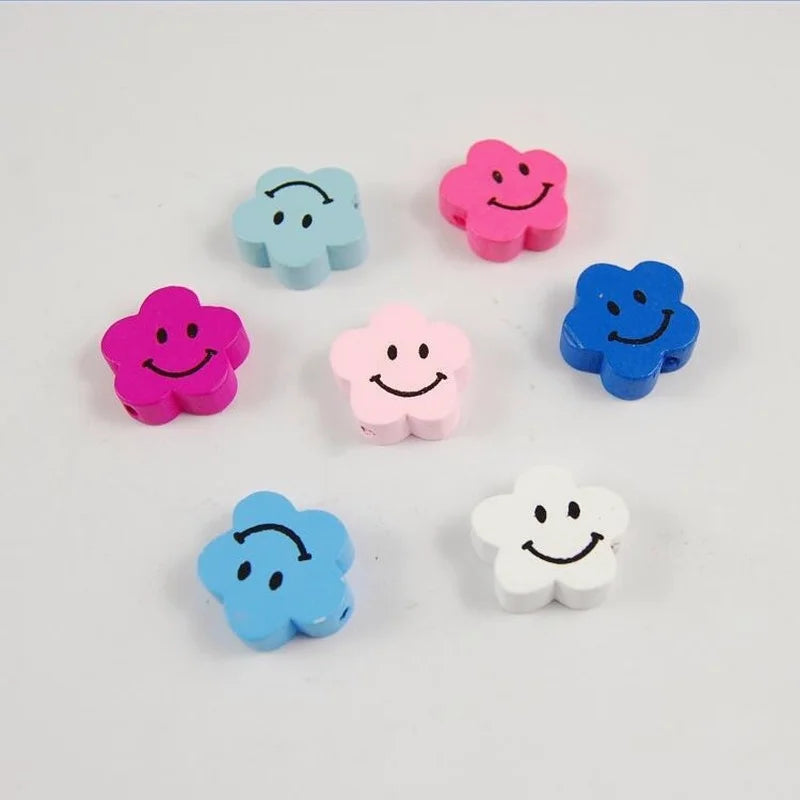50PCS Plum Blossom Smiley Wooden Bead Spacer Beads DIY Jewelry Crafts Kids Toys