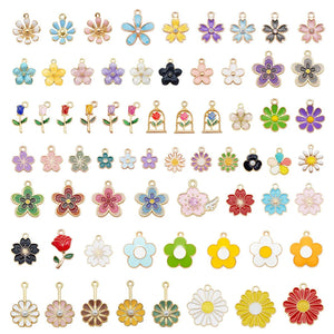 50PCS Mixed Flowers Enamel Charms Alloy Sunflower Daisy Rose Sakura Pendant