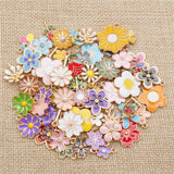 50PCS Mixed Flowers Enamel Charms Alloy Sunflower Daisy Rose Sakura Pendant