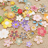 50PCS Mixed Flowers Enamel Charms Alloy Sunflower Daisy Rose Sakura Pendant