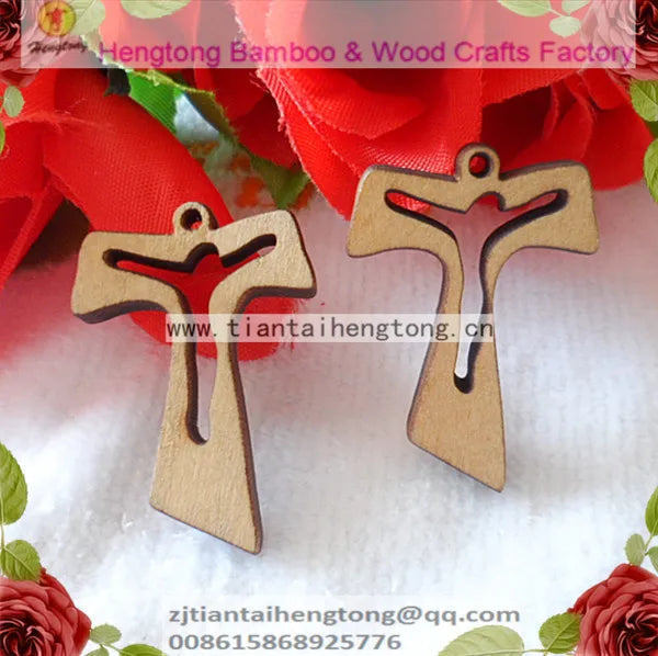 50PCS/PACK Natural Wood Rosary Accessory Cross Pendant Small T Shape Part
