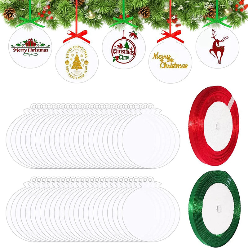 50Pcs Clear Acrylic Christmas Ornaments with Hole Ribbons DIY Holiday Decoration