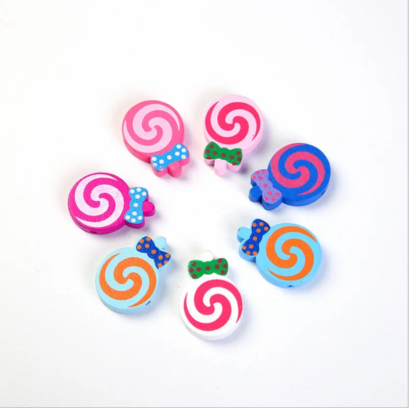 50Pcs Colorful Lollipop Shape Wooden Beads for Kids Jewelry and Toy Accessories
