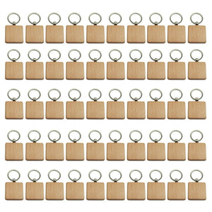 50Pcs Wooden Keychain Square Carved Key Ring DIY Wooden Key Ring 40 x 40 mm