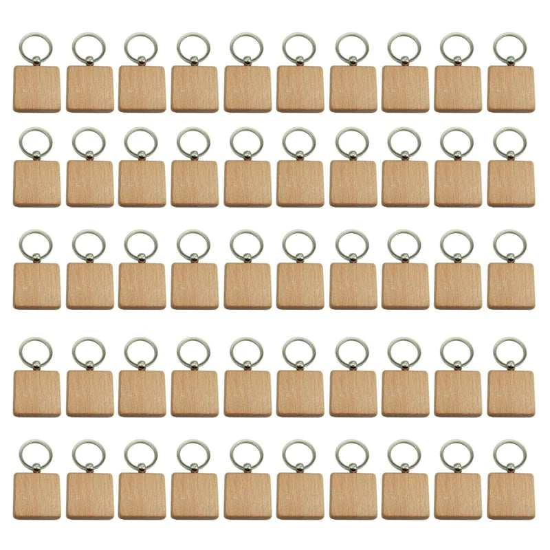 50Pcs Wooden Keychain Square Carved Key Ring DIY Wooden Key Ring 40 x 40 mm