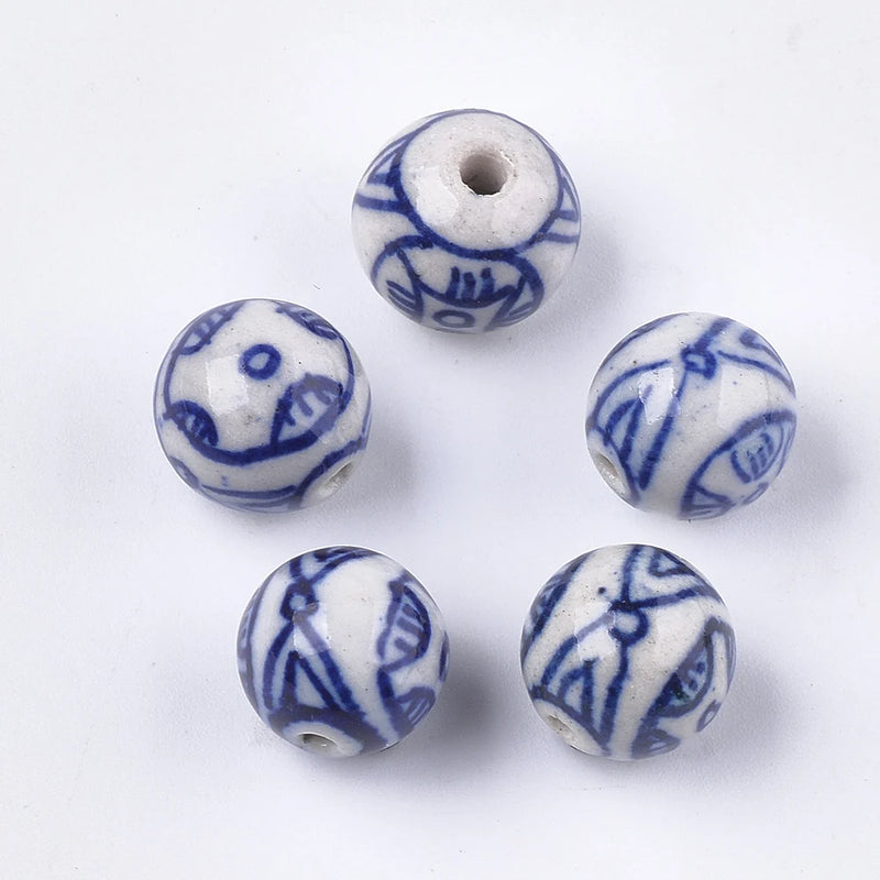 50Pcs Chinese Porcelain Beads Round Oval Ceramic Loose Bead For Bracelet DIY