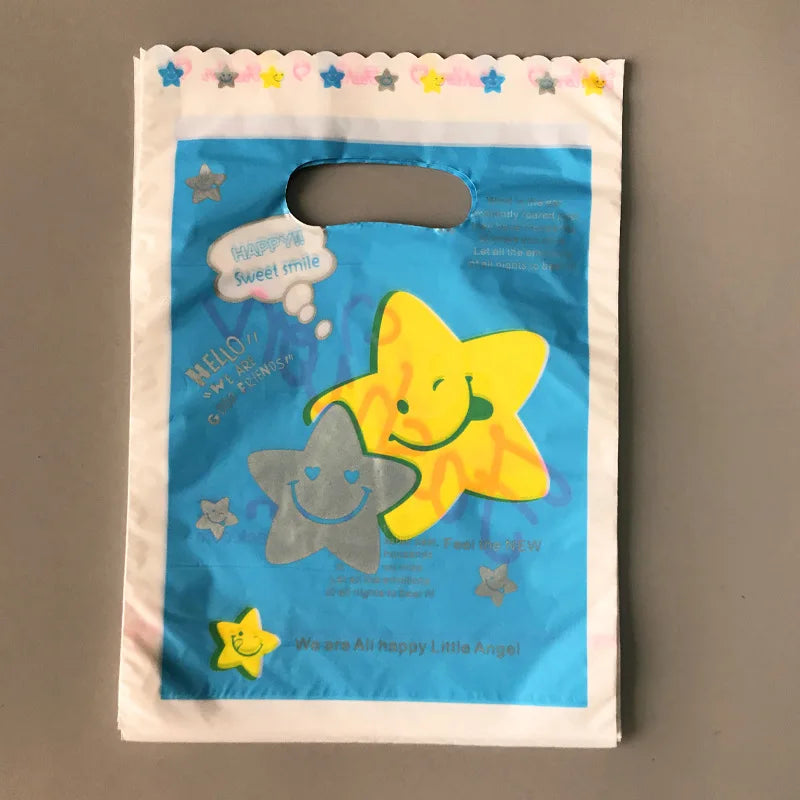 50Pcs 14*20cm Plastic Gift Bags with Handles Cartoon Mini Gift Packaging Bags