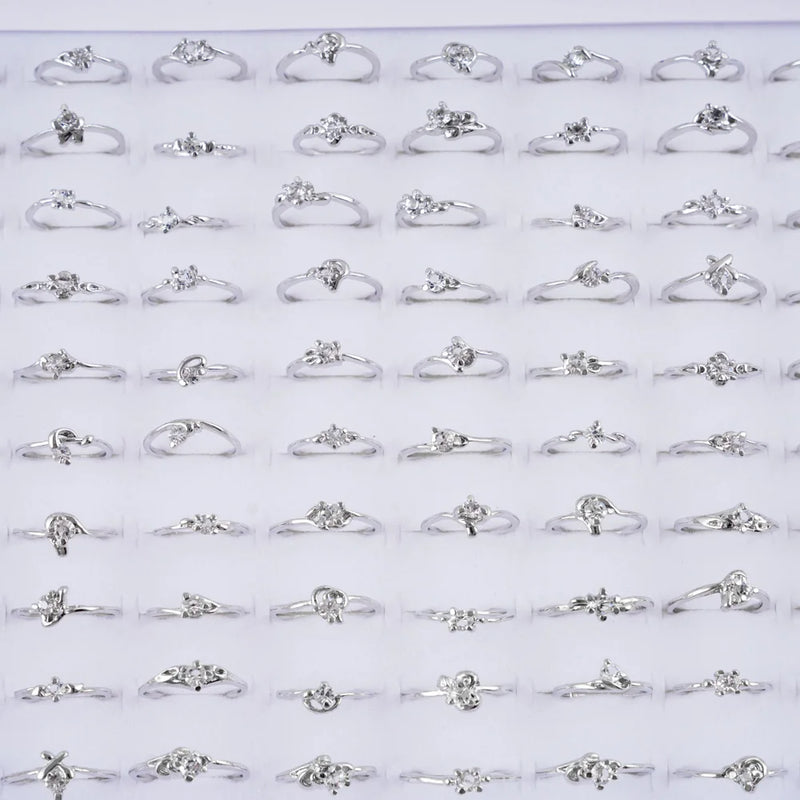 50Pcs/Lot Rhinestone Crystal Heart Crown Rings For Women Wedding Jewelry