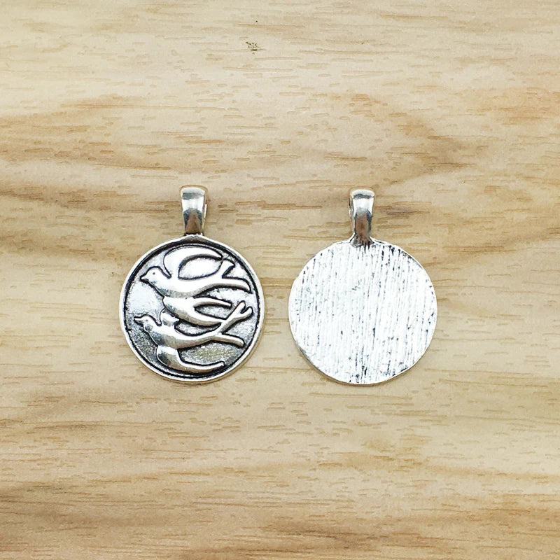 50Pcs Tibetan Silver Bird Pigeon Round Charms Pendants DIY Jewelry Making