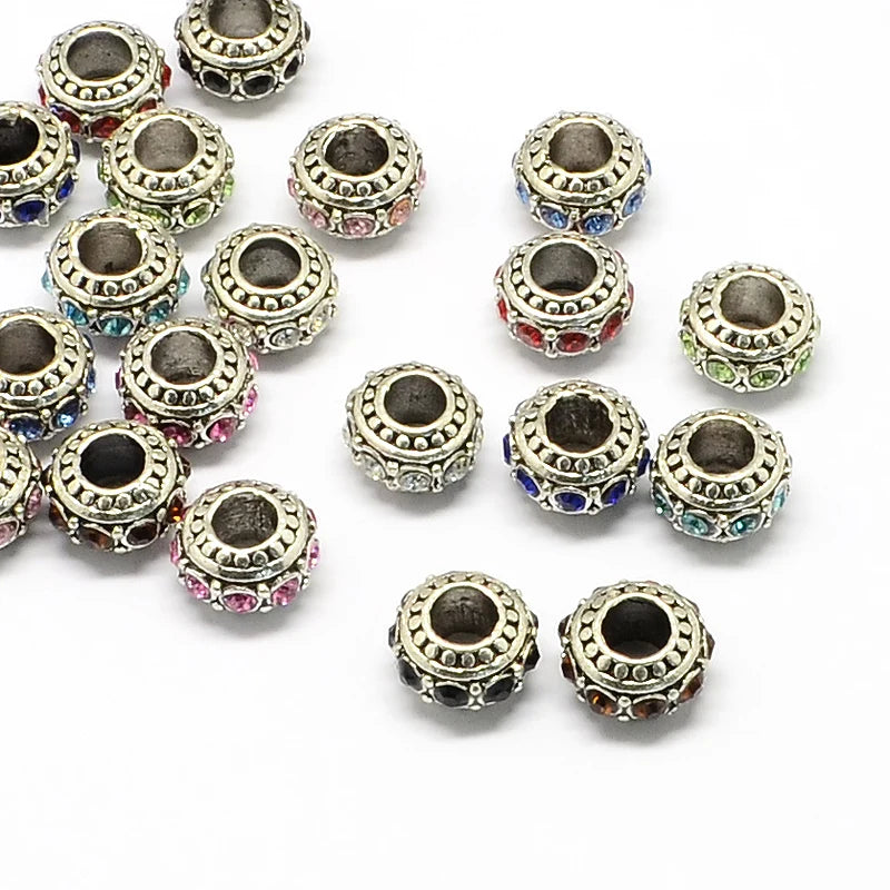 50Pcs Alloy Rhinestone European Beads Large Hole Bead For Bracelet DIY Craft
