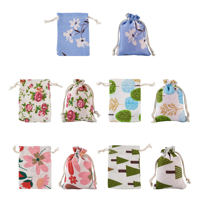 50Pcs Mixed Plant Pattern Cloth Drawstring Bags DIY Jewelry Gift Storage