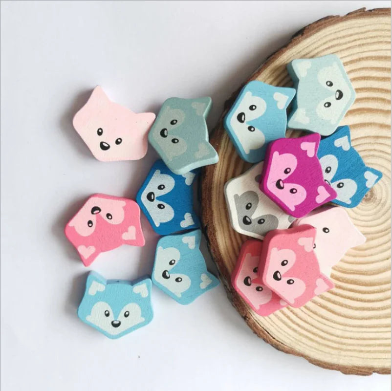 50Pcs Little Fox Wooden Beads DIY Beaded Material Jewelry Baby Toys