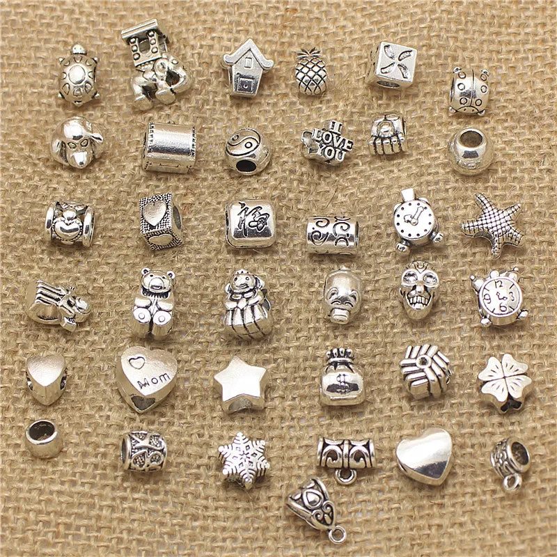 50Pcs Vintage Big Hole Beads Antique Metal Mixed DIY Charm Bracelets