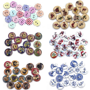 50Pcs Christmas Wood Sewing Buttons Cats Owls Stripes Scrapbooking Crafts DIY