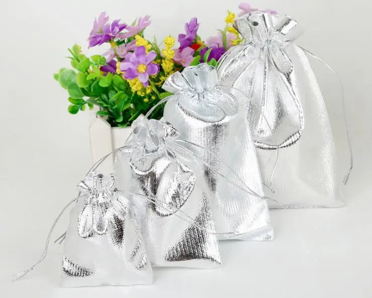50Pcs Golden/Silver Drawstring Organza Jewelry Pouches