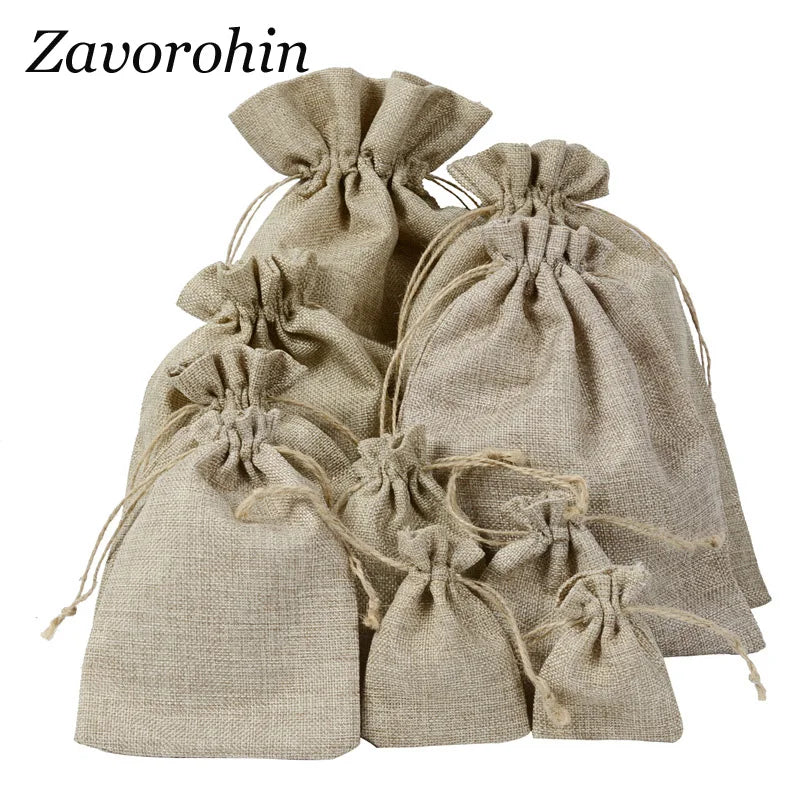 50Pcs Retro Burlap Jute Linen Drawstring Gift Bags For Jewelry Packaging Logo