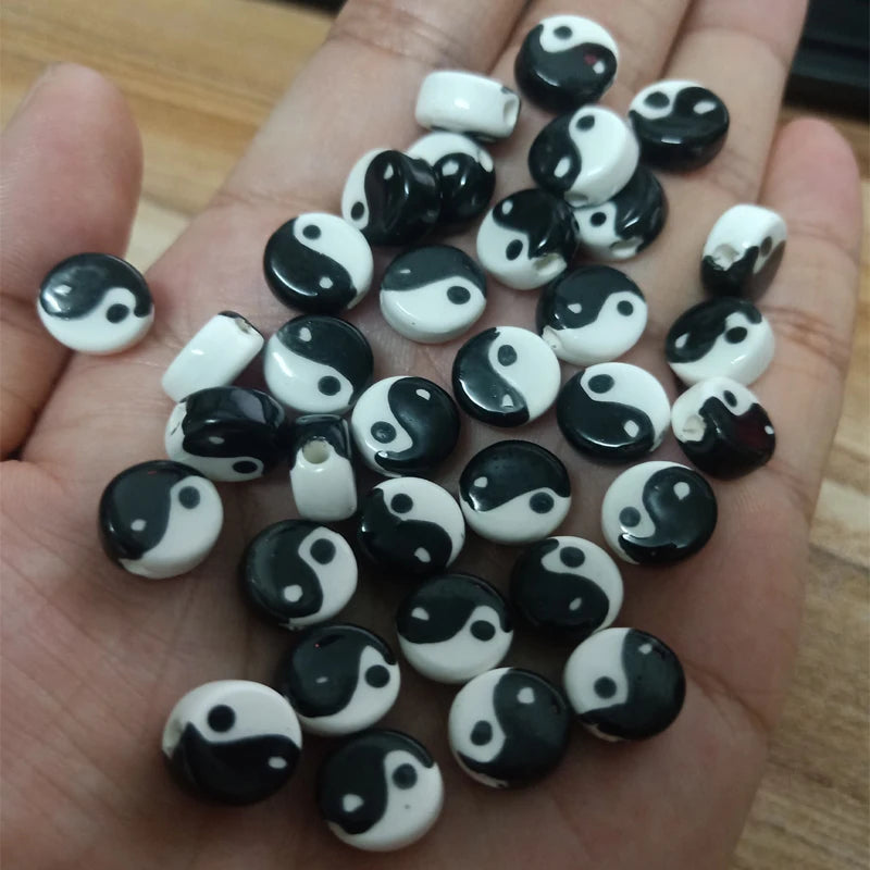 50pcs 10mm Loose Ceramic Beads Taiji Pattern For DIY Jewelry Making