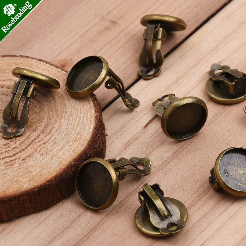 50pcs 12mm Antique Bronze Earring Clip Base, Shallow Bezel, Earring Blank
