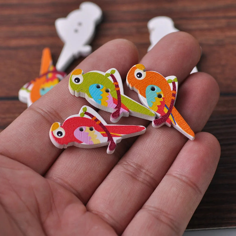 50pcs 35x18mm Parrot Wood Cartoon Wooden Buttons Bead Sewing DIY