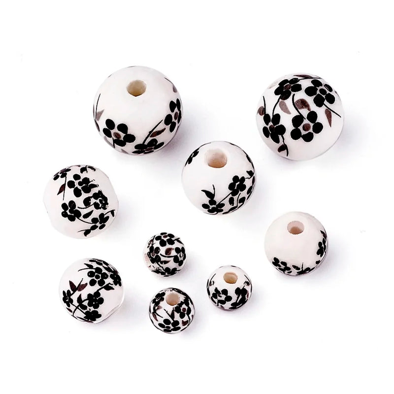 50pcs Mixed Round Printed Flower Porcelain Beads for Jewelry Making 6-12mm