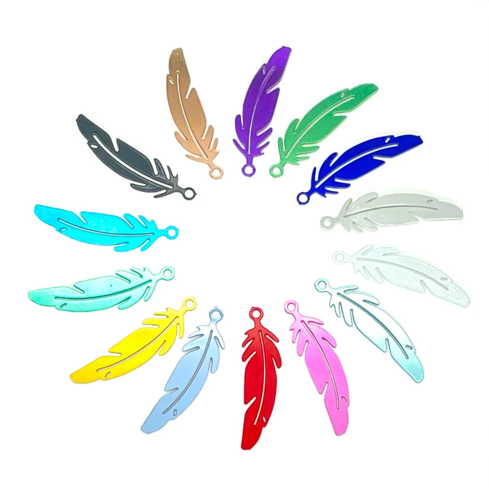 50pcs Colorful Stainless Steel Feather Charms for DIY Accessories