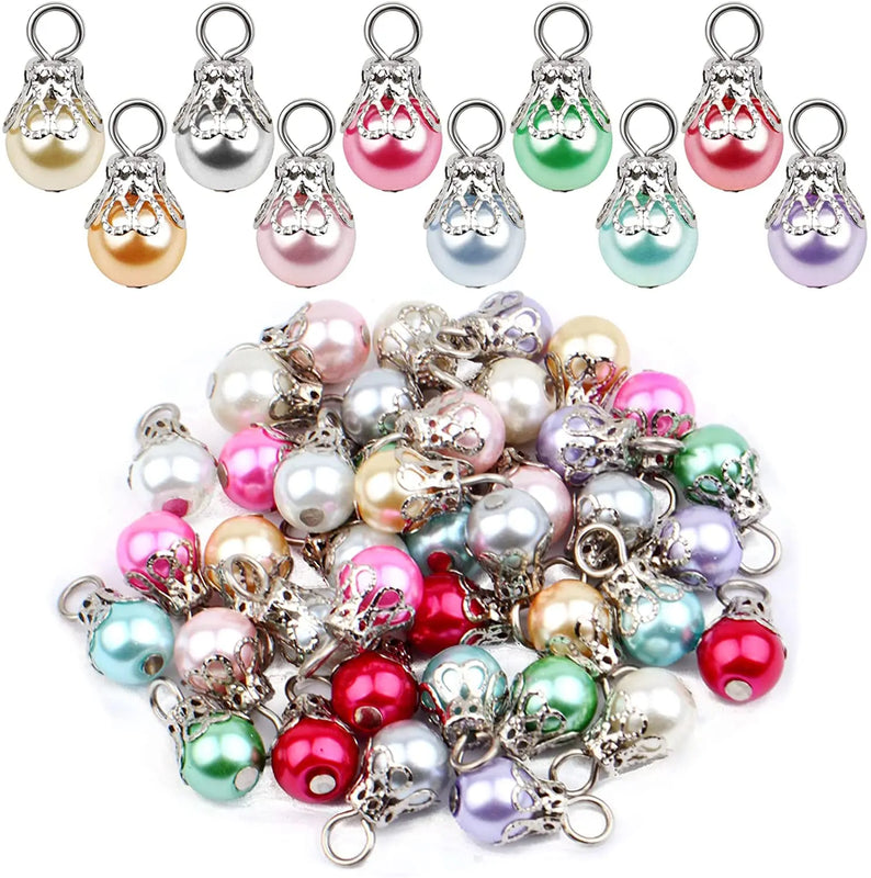 50pcs 8mm Pearl Bead Charms Flower Cap Dangle Pendants, 10 Colors