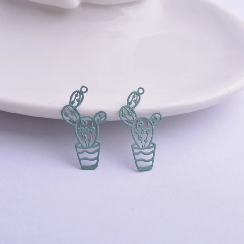 50pcs Filigree Cactus Charms Brass Plant Pendant DIY Earring