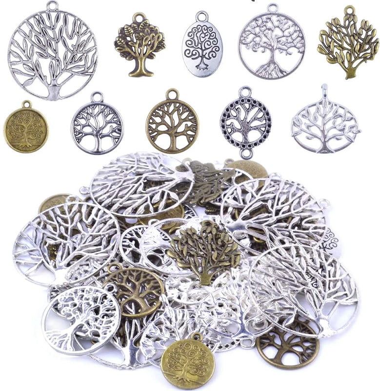 50pcs Antique Alloy Tree of Life Charms Mixed Styles Life Tree Pendents Charms