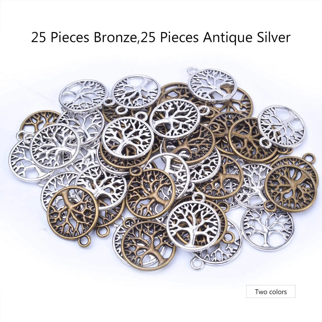 50pcs Alloy Tree of Life Charms Vintage Dangle Pendants for DIY Jewelry Making