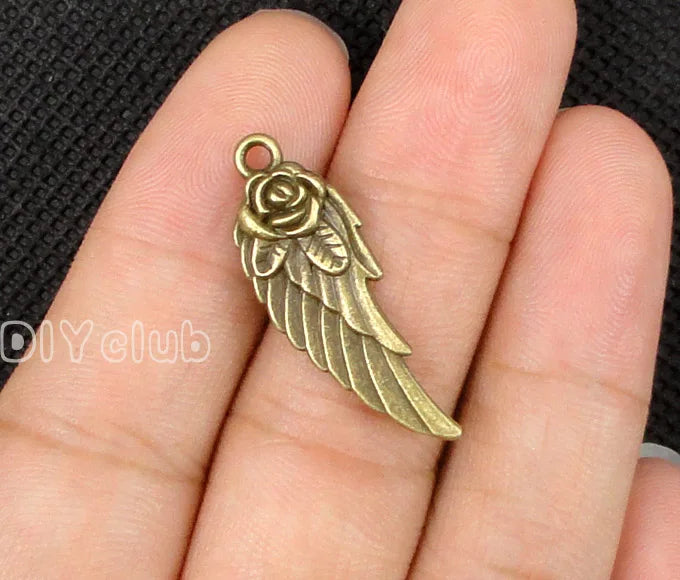 50pcs Antique Bronze Rose Flower Angel Wing Charms Pendant