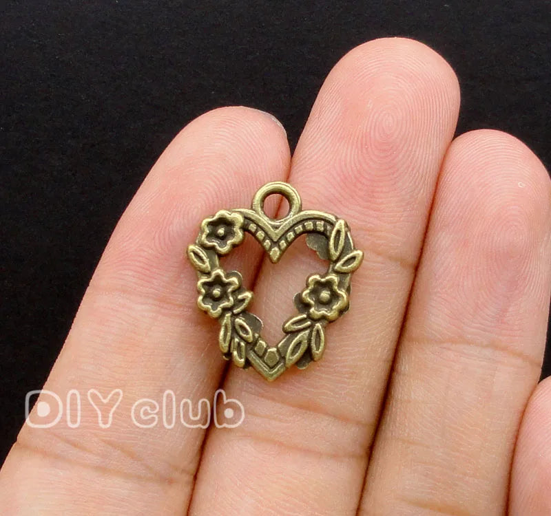 50pcs Antique Bronze Flower Heart Charms Pendants 2 Sided 21x18mm