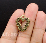 50pcs Antique Bronze Flower Heart Charms Pendants 2 Sided 21x18mm