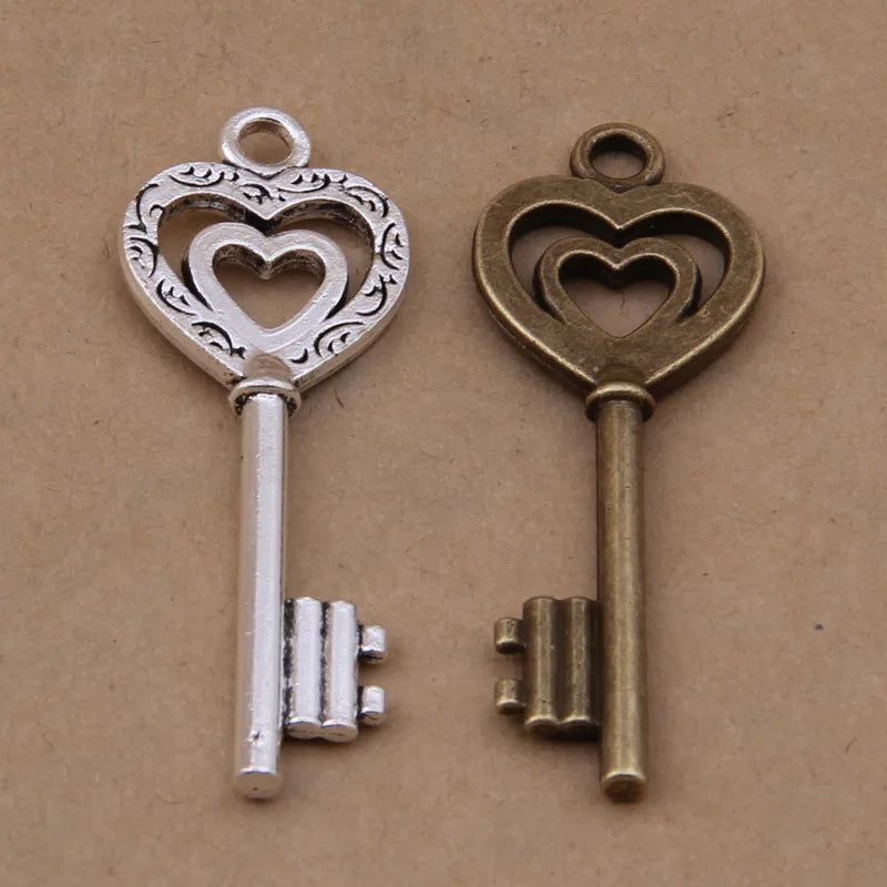 50pcs Antique Bronze Heart Shape Key Charms Pendants DIY Jewelry 52*19mm