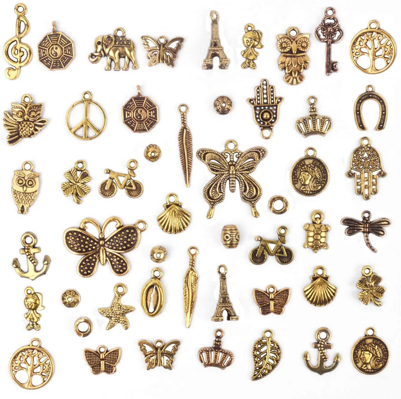 50pcs Antique Golden Mixed Charms Alloy Pendants for DIY Jewelry Making