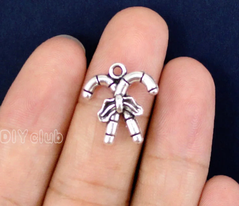 50pcs Tibetan Silver Candy Cane Charms Pendant, 19x17mm Christmas Crutches Charm
