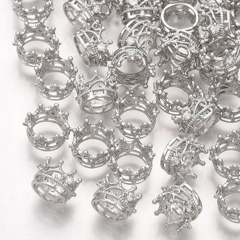 50pcs Crown Brass Beads 18K Plated CZ Large Hole Metal Spacer Bead