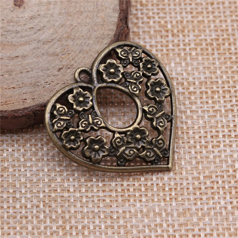 50pcs Heart Flower Charm Pendant Tibetan Bronze Silver DIY Jewelry