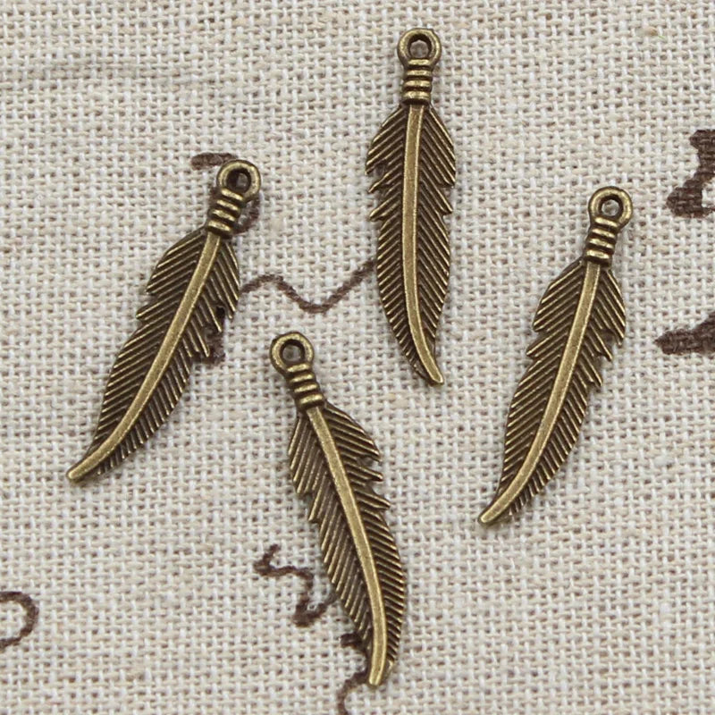 50pcs Double Sided Feather Charms 27x7mm Antique Bronze Silver Pendants DIY