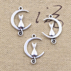 50pcs Moon Cat Charms 21x14mm Antique Silver Pendants DIY Crafts Findings