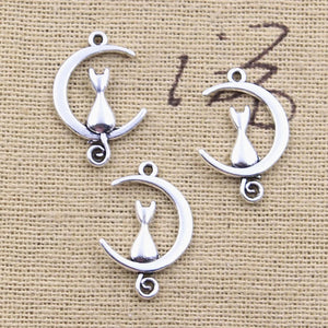 50pcs Moon Cat Charms 21x14mm Antique Silver Pendants DIY Crafts Findings