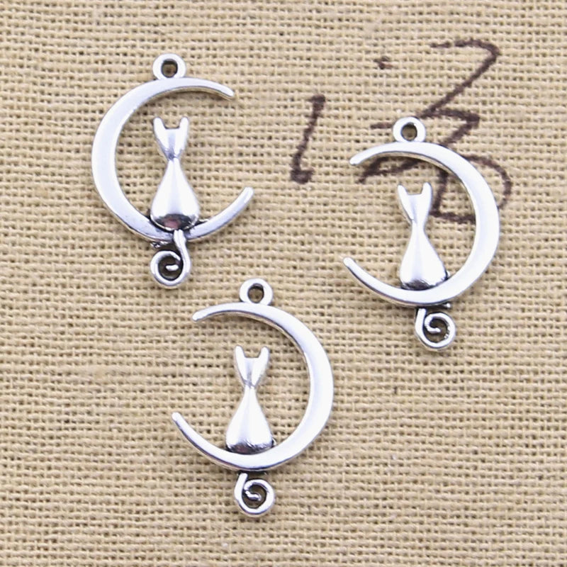 50pcs Moon Cat Charms 21x14mm Antique Silver Pendants DIY Crafts Findings