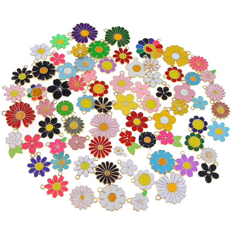 Enamel Flower Charms for Jewelry Making, Sunflower and Rose Pendants