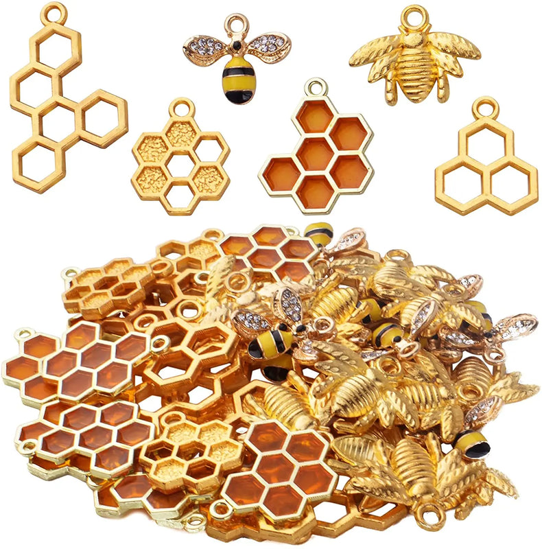 50pcs Enamel Bee Charms Hollow Honeycomb Pendants for DIY Jewelry