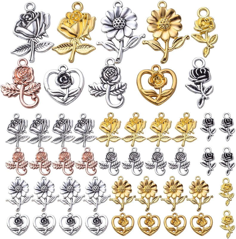 50pcs Flower Pendants Charms for DIY Jewelry Making, 5 Styles